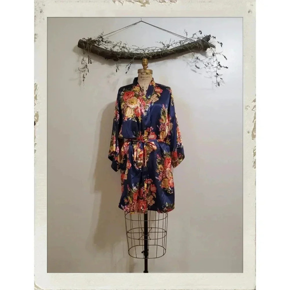 Vintage Silky Floral Batwing Lingerie Festival Boho Coverup Kimono Robe